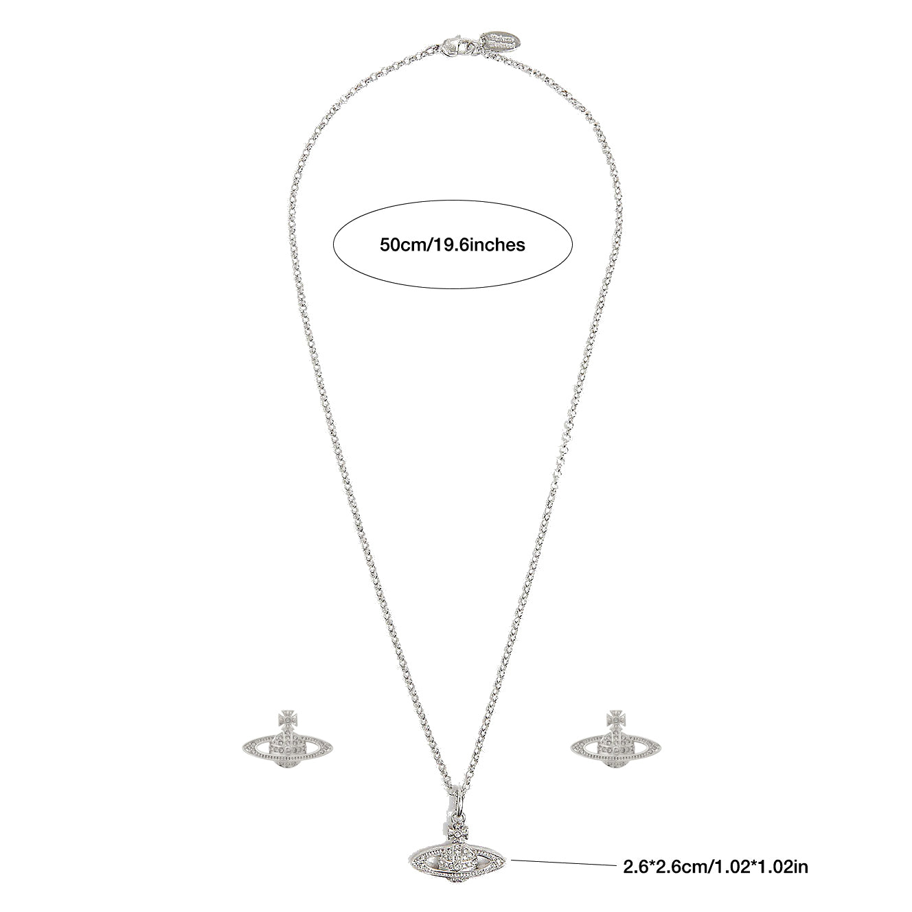 Saturn Planet Orb Stainless Necklace Stud Earrings Set Crystal Rhinestone