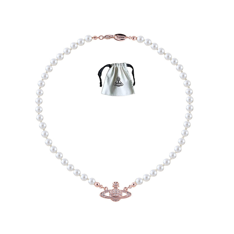 Saturn Planet Bas Relief Orb Pearl Necklace Crystal Rhinestone