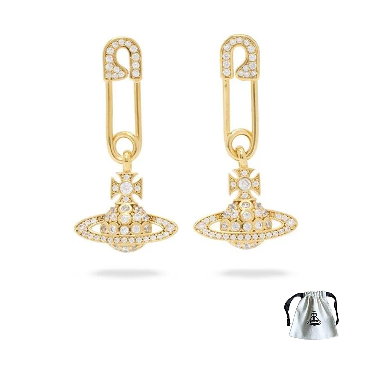 Lucrece Orb Planet Safety Pin Sparkling Rhinestone Drop Earrings