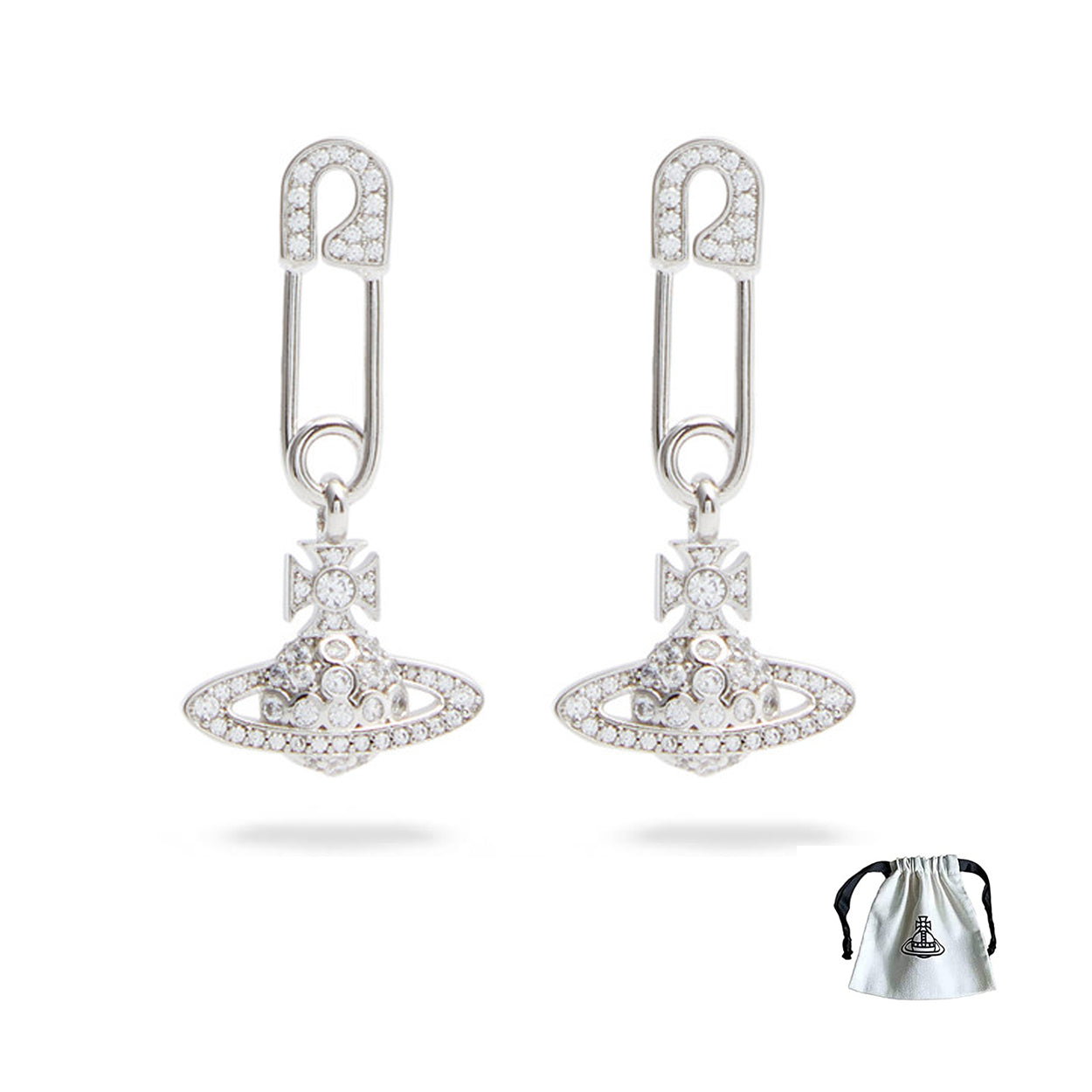 Lucrece Orb Planet Safety Pin Sparkling Rhinestone Drop Earrings