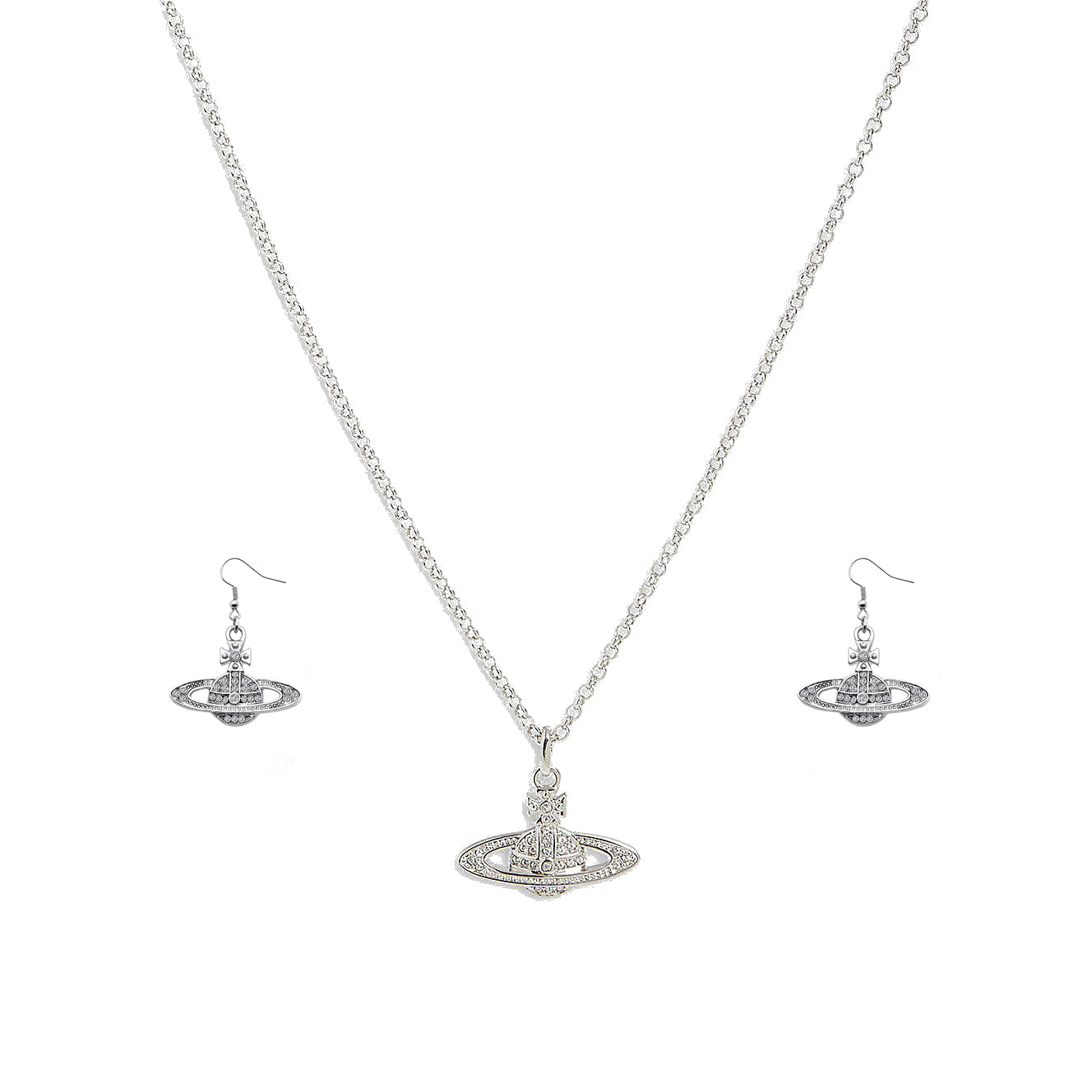 Saturn Planet Orb Stainless Necklace Hook Earrings Set Crystal Rhinestone