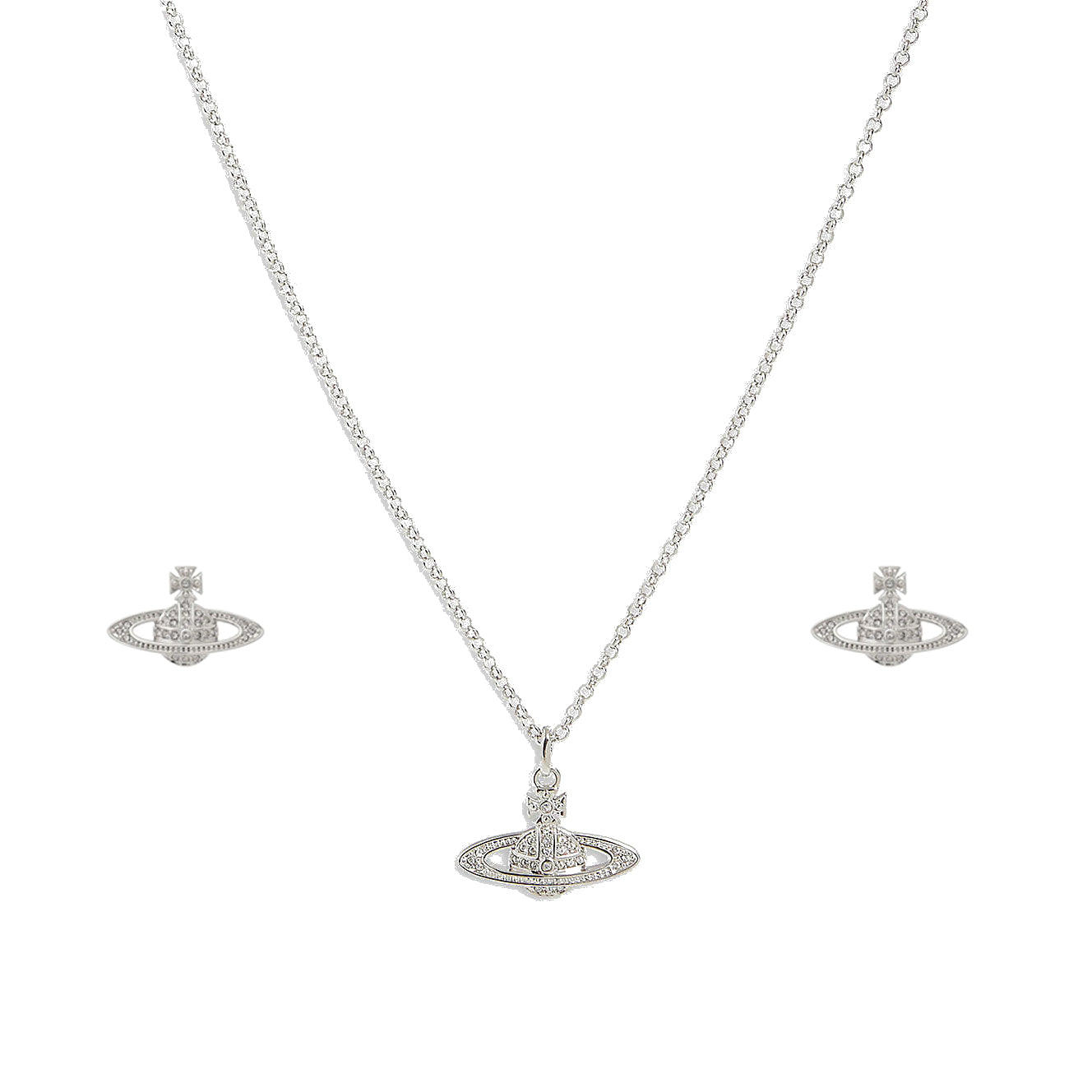 Saturn Planet Orb Stainless Necklace Stud Earrings Set Crystal Rhinestone