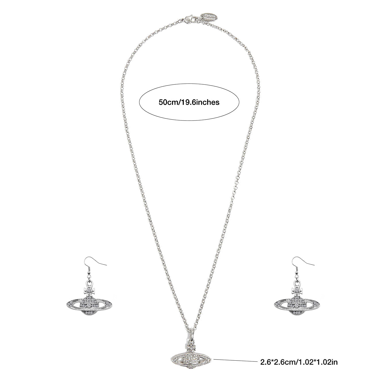 Saturn Planet Orb Stainless Necklace Hook Earrings Set Crystal Rhinestone
