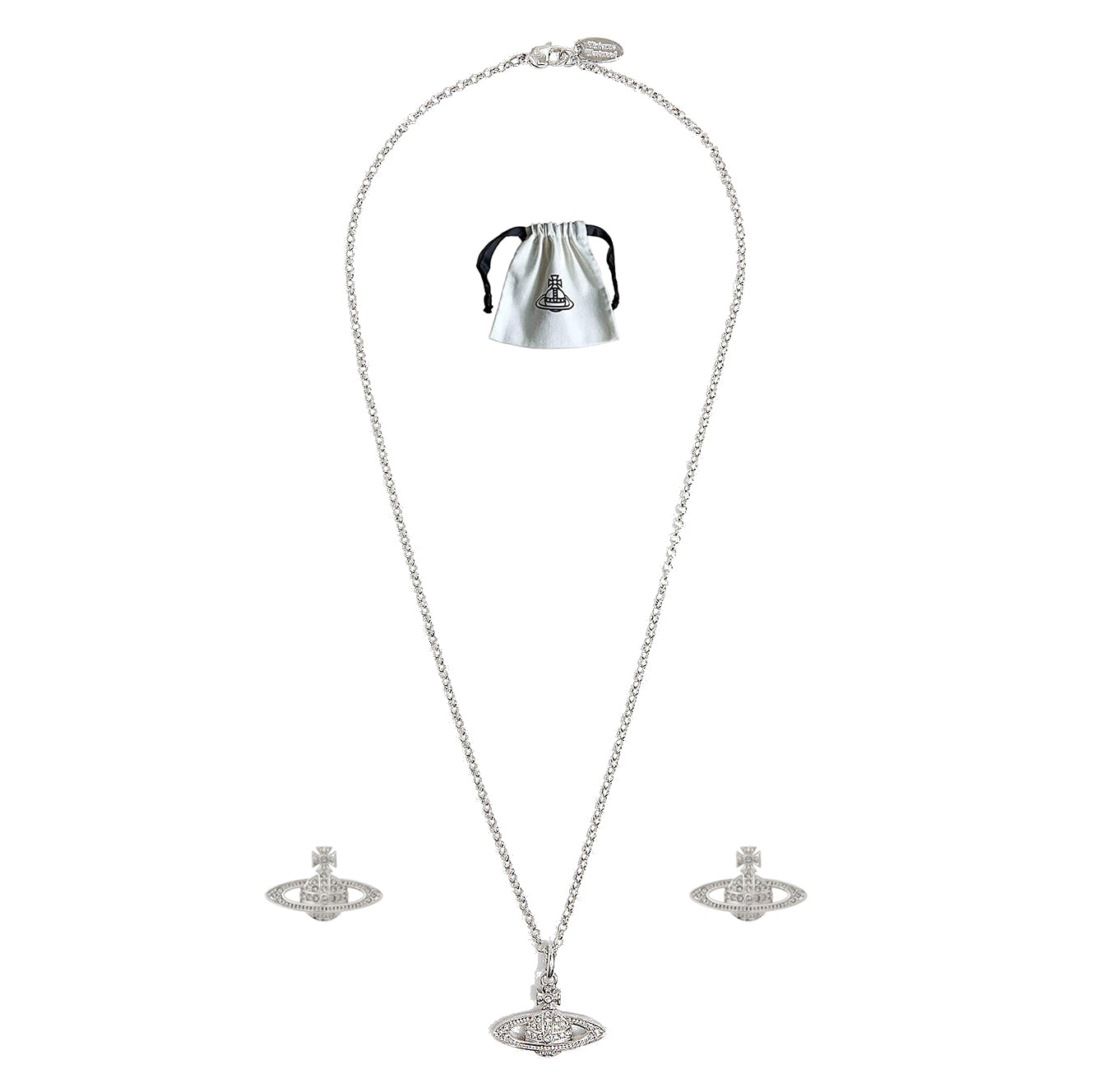 Saturn Planet Orb Stainless Necklace Stud Earrings Set Crystal Rhinestone