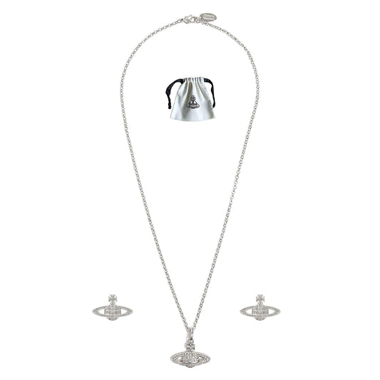 Saturn Planet Orb Stainless Necklace Stud Earrings Set Crystal Rhinestone