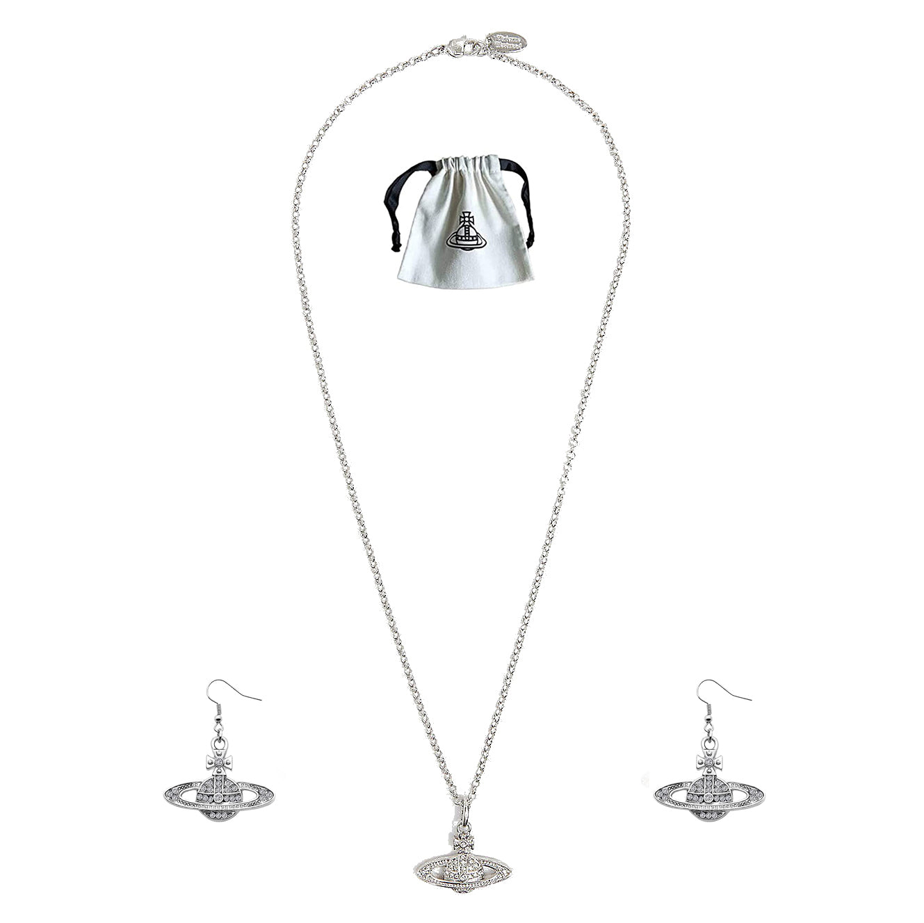 Saturn Planet Orb Stainless Necklace Hook Earrings Set Crystal Rhinestone