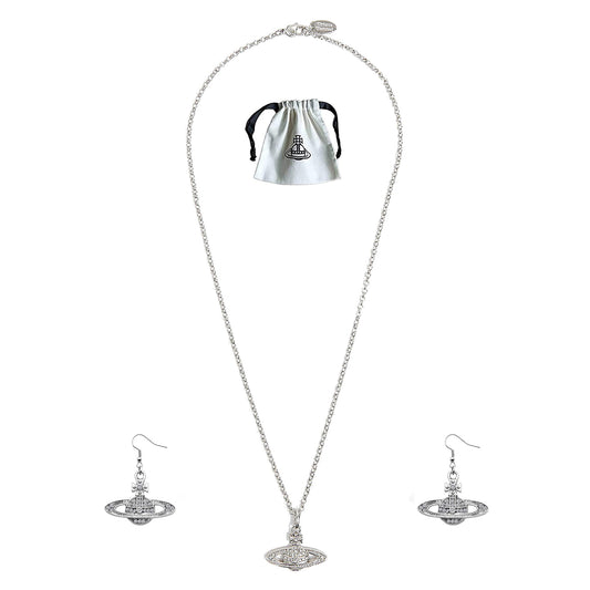 Saturn Planet Orb Stainless Necklace Hook Earrings Set Crystal Rhinestone
