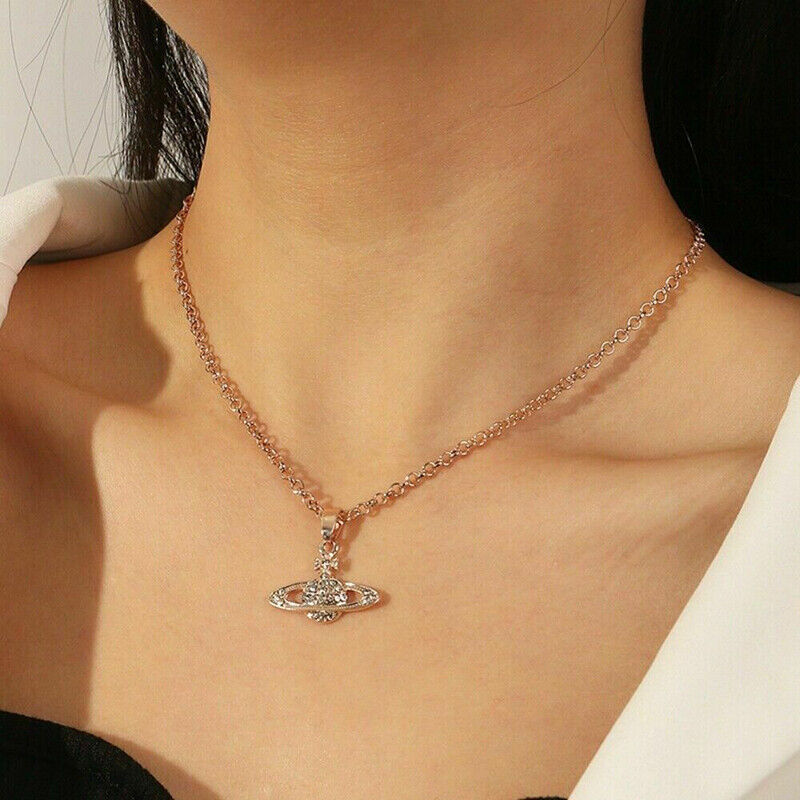Saturn Planet Orb Stainless Necklace Stud Earrings Set Crystal Rhinestone